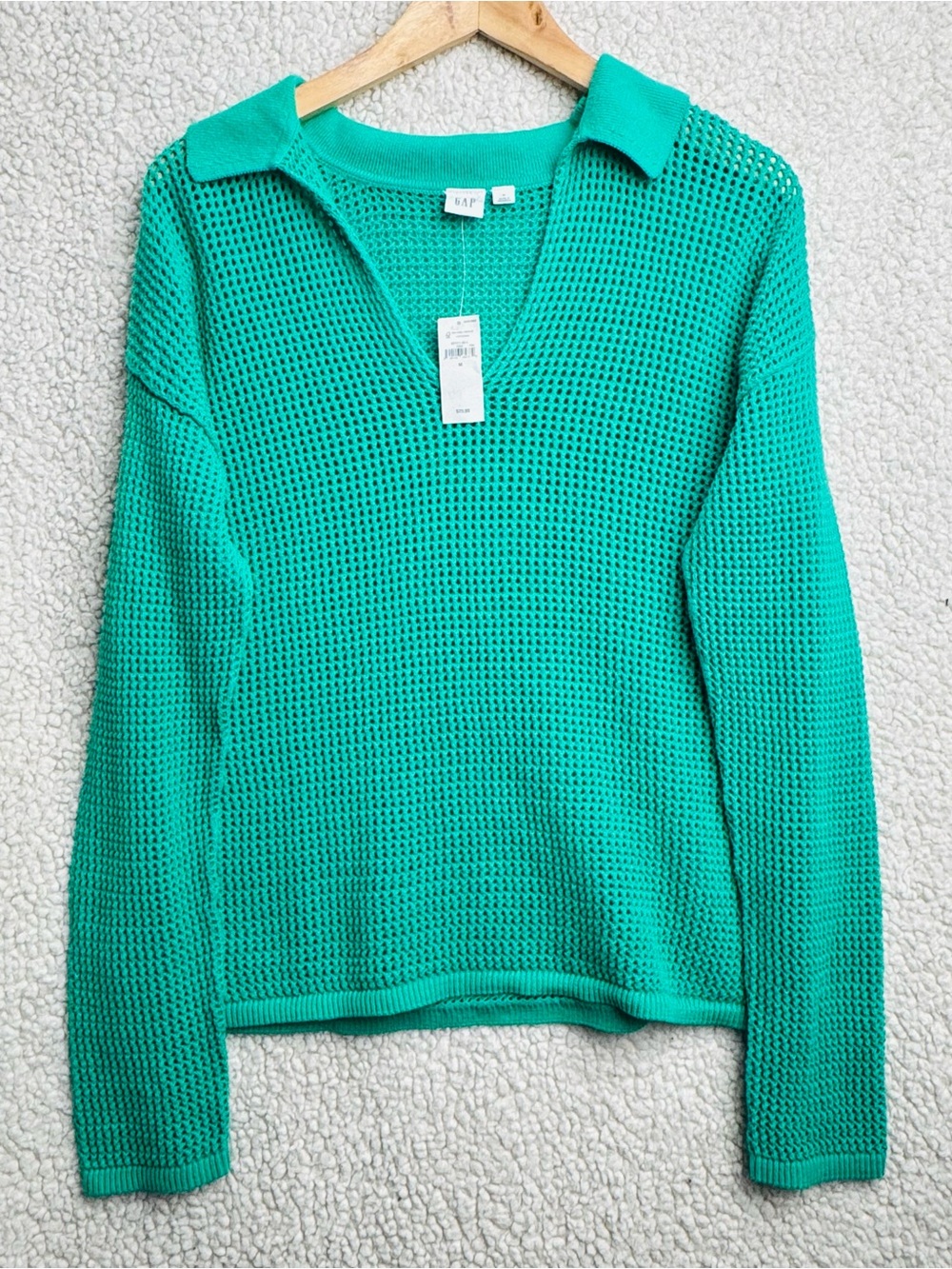 Green Open Knit Polo Sweater 100% Cotton Coastal Grandmacore Quiet Luxury Casual - Picture 2 of 6